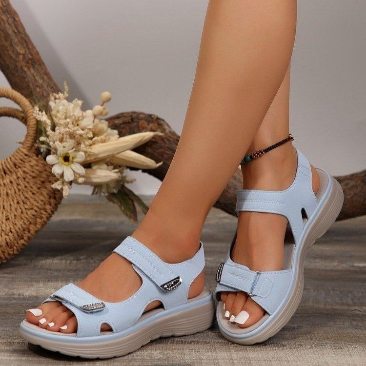 Women's adjustable Velcro open toe flat sandals by Trendsi, featuring comfortable straps and a casual walking shoe design.