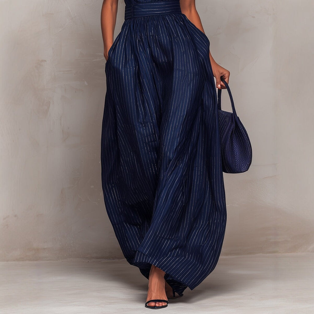 Deep Blue Striped Sleeveless Waist-Cinched Jumpsuit