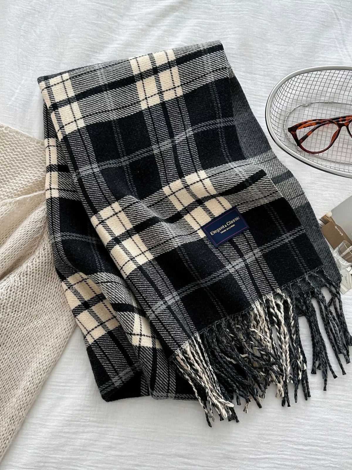Simply Love classic plaid scarf with fringe detail, showing a soft, woven fabric in a stylish plaid pattern.
