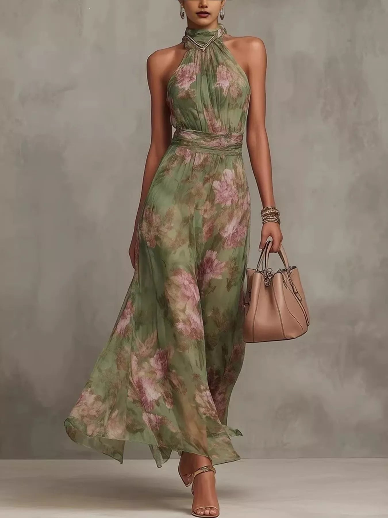 Plus size floral print sleeveless maxi dress by Trendsi, flowing dress with vibrant floral pattern and full-length design.