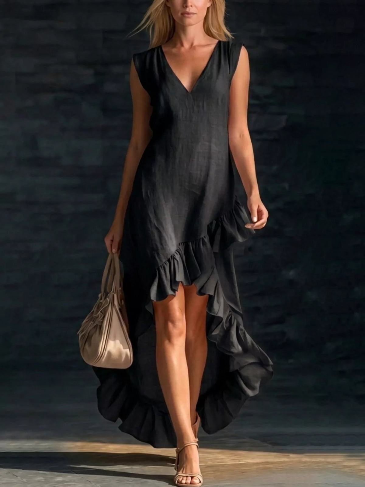 Plus size plush fashion hub V-neck ruffle hem high-low dress, flowing style with elegant ruffles and full size options.