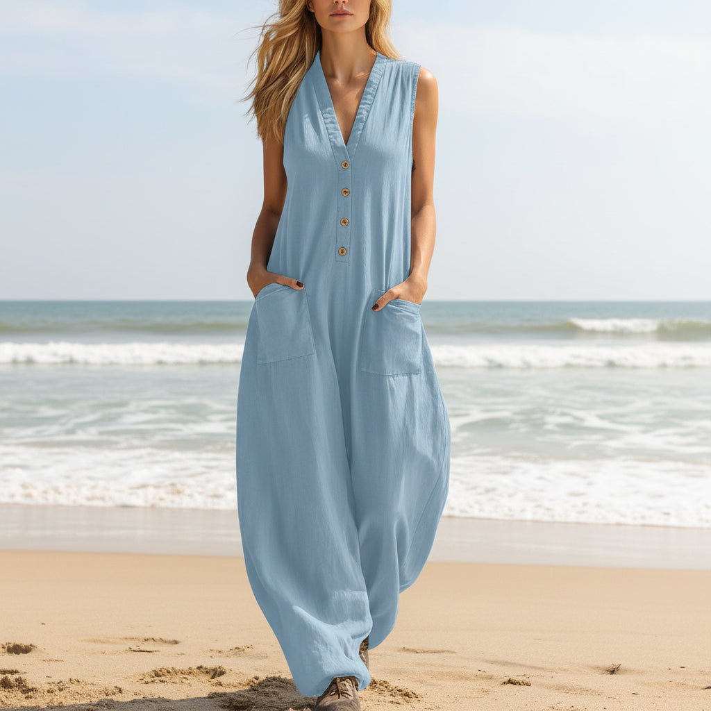Women's sleeveless wide-leg jumpsuit with pockets from FitiqueFit, casualwear style, shown in a relaxed fit with a stylish silhouette.