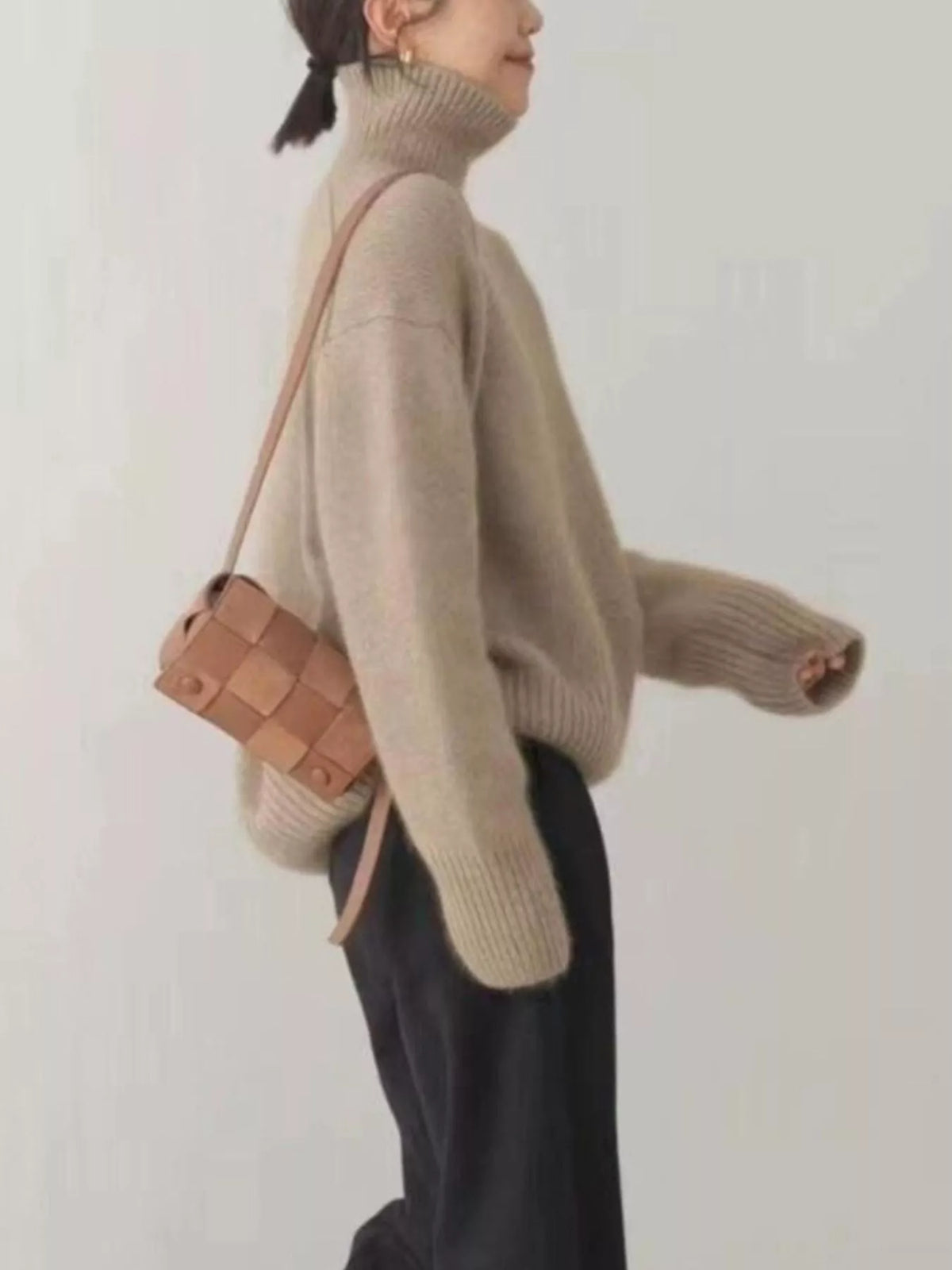 Simply Love turtleneck dropped shoulder sweater, cozy knit with a high collar and relaxed fit, displayed on a mannequin.