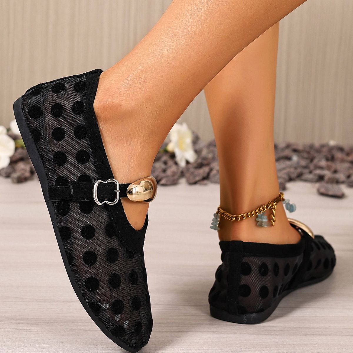 Women's polka dot mesh slip-on casual walking shoes by Plush Fashion Hub, lightweight and comfortable for everyday wear.