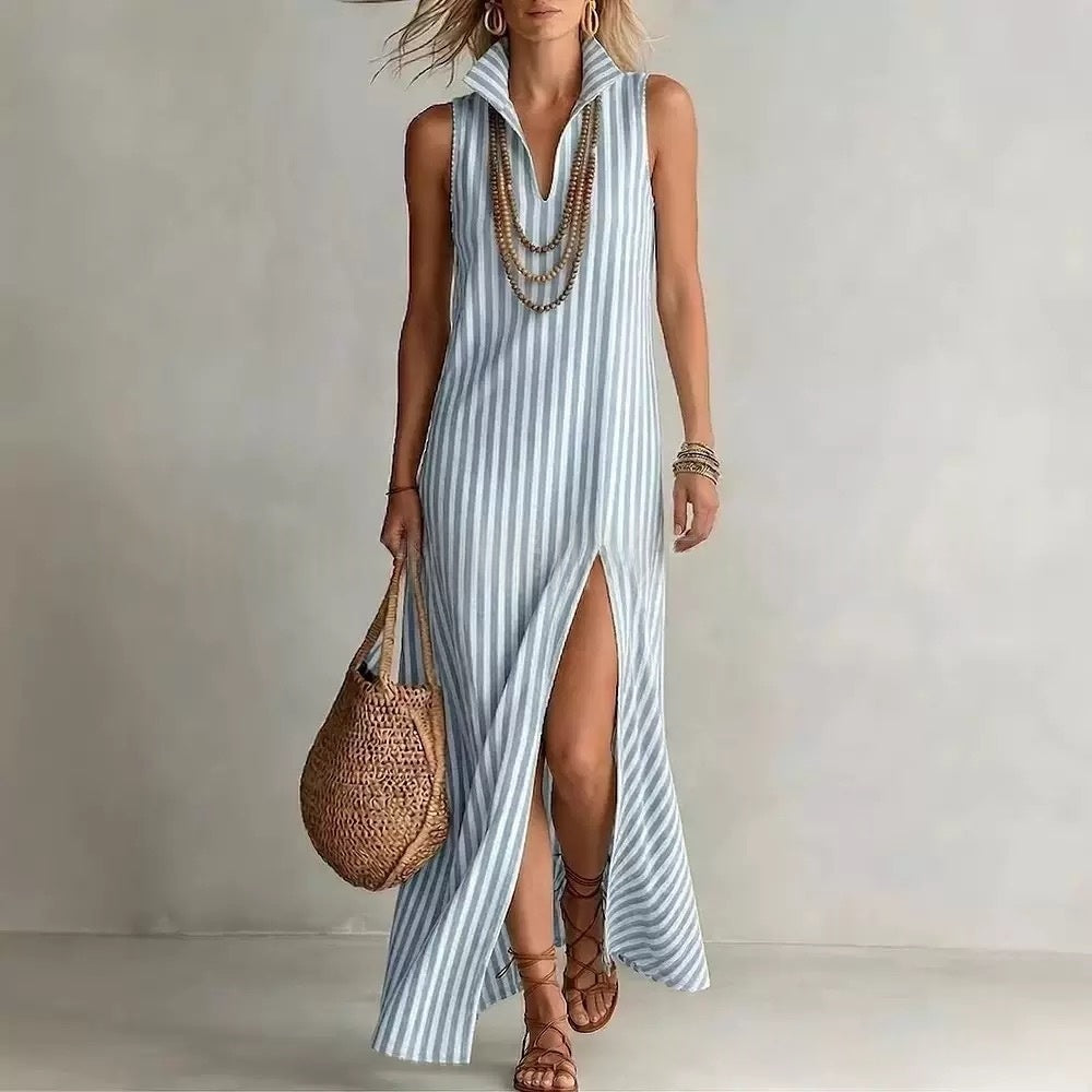 Striped stand collar sleeveless maxi dress with side slit, casualwear by FitiqueFit featuring an A-line cami design.