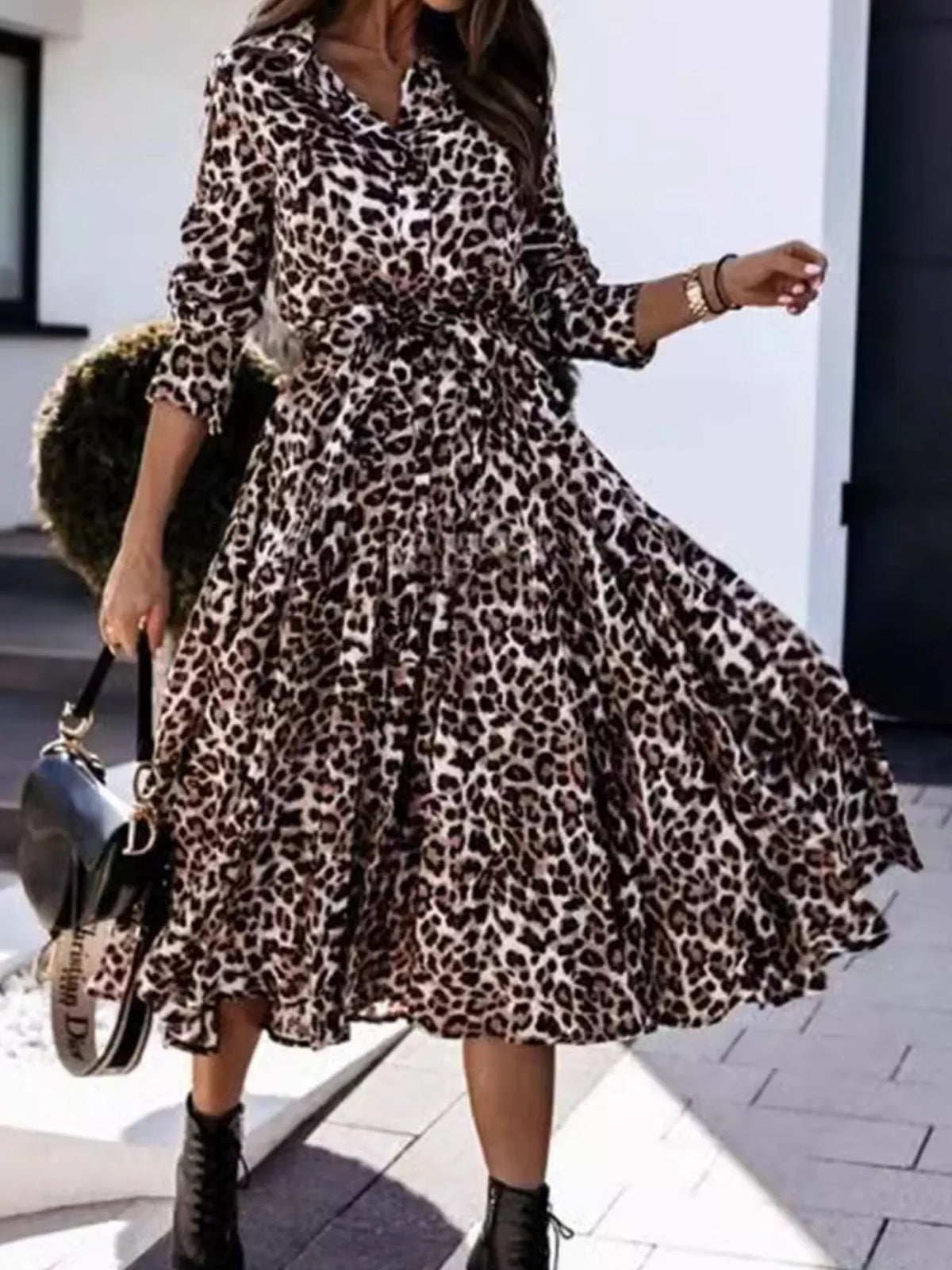 Leopard print button-down midi dress with belt from Trendsi, featuring long sleeves and a flattering waist tie.
