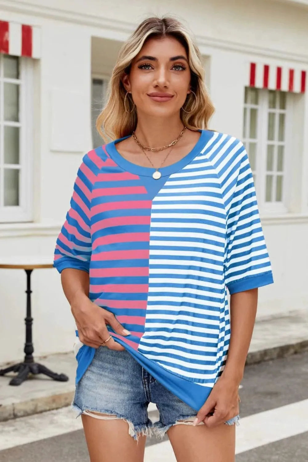 Striped round neck half-sleeve T-shirt by Plush Fashion Hub, casual tops with a stylish striped pattern on soft fabric.