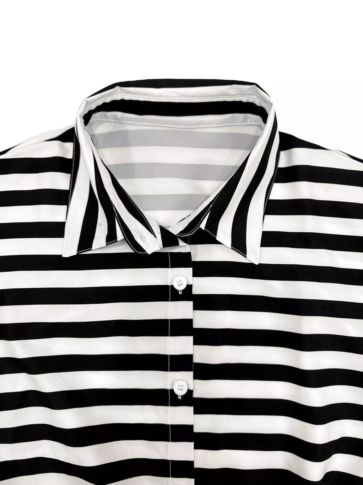 Striped button-up belted romper jumpsuit by Plush Fashion Hub featuring a collar, long sleeves, and a waist tie.