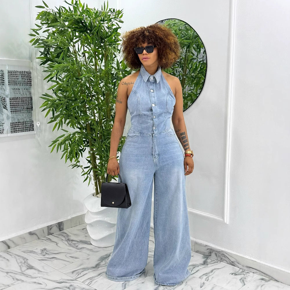 Women's Backless Washed Denim Halter Jumpsuit