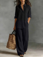 Women's Bohemian casualwear top and pants set from FitiqueFit, featuring a relaxed resort lounge co-ord style with flowy fabric.