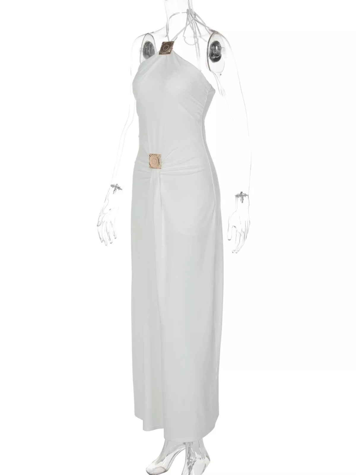 Plush Fashion Hub backless maxi dress with ruched halter neck in soft plush fabric, flowing and elegant for formal occasions.