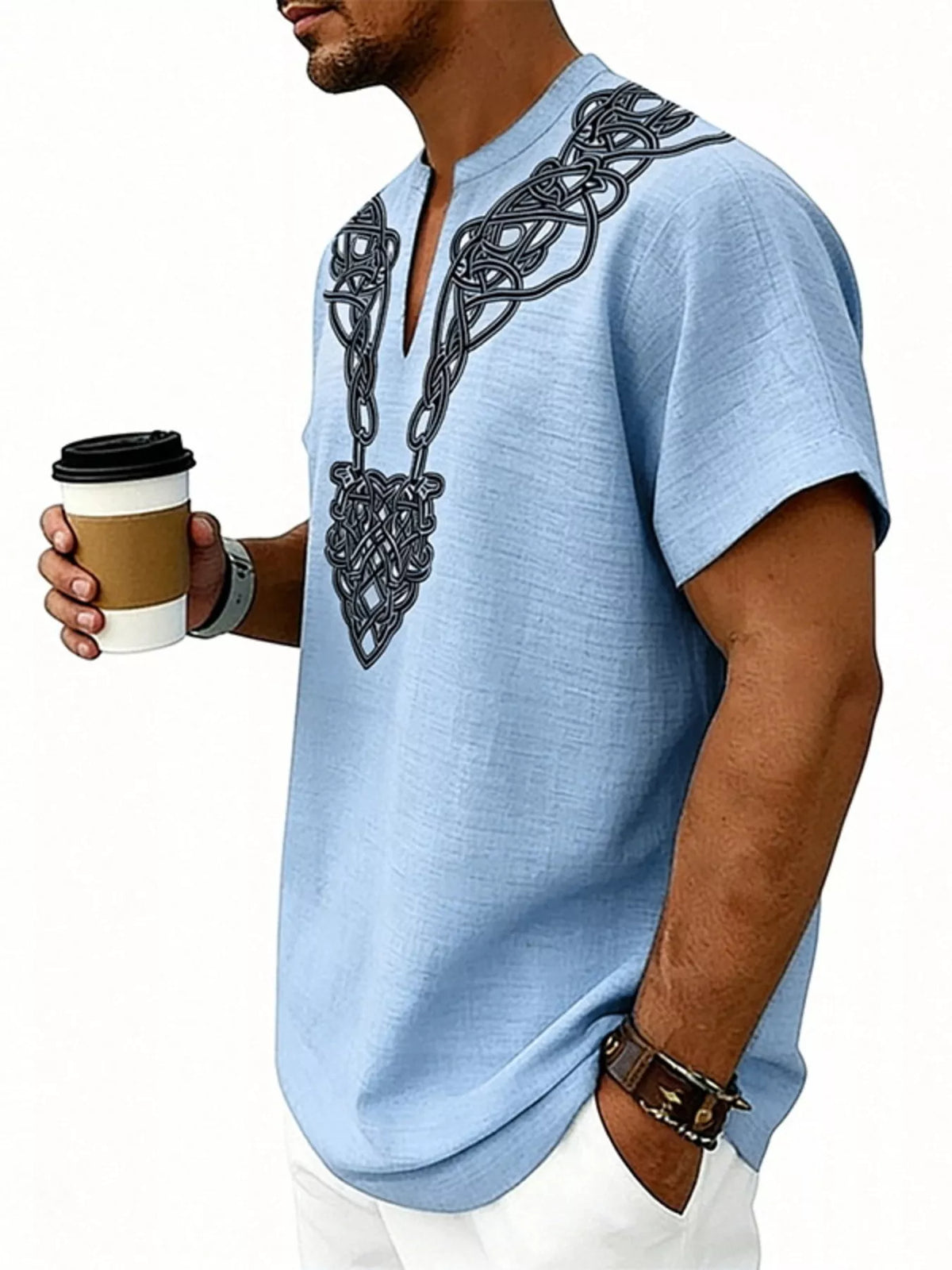 Men's plus size notched printed short sleeve blouse by Plush Fashion Hub, showcasing a stylish design with vibrant patterns.