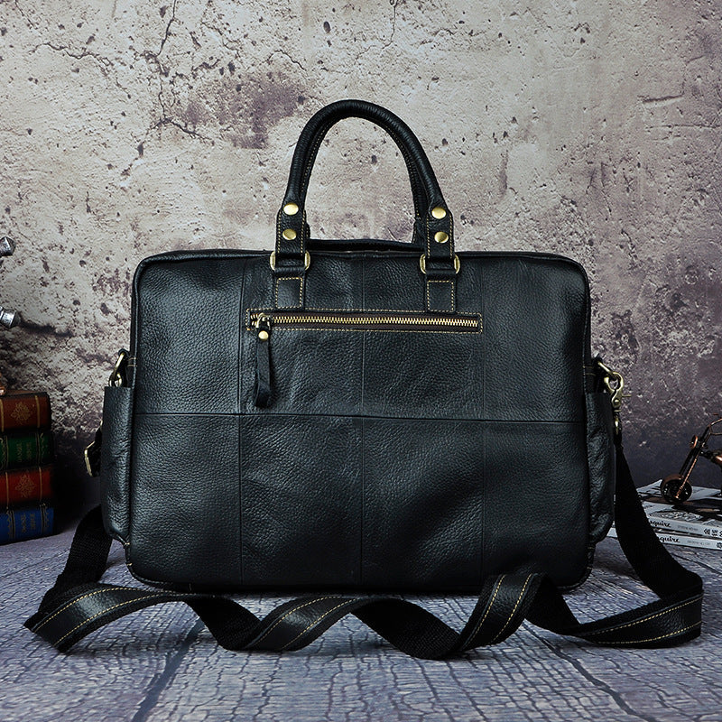 Pi-Mart first layer cowhide men's briefcase with 16-inch large capacity, featuring durable leather and multiple compartments.
