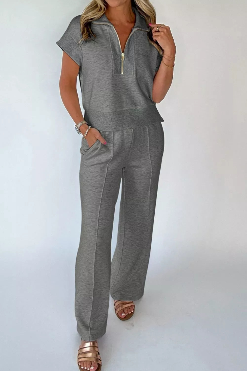 Casual polo tee and pant set by Plush Fashion Hub featuring a half zip polo shirt and matching relaxed pants.