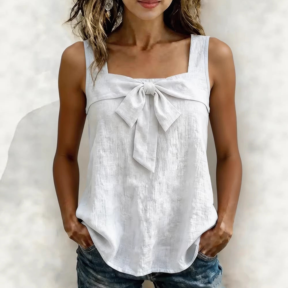 Women's square-neck sleeveless tank top with wide straps from Plush Fashion Hub, shown in a close-up of the front design.