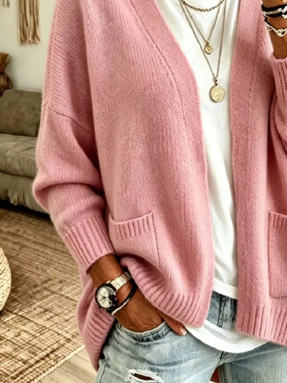 Open front knit cardigan with pockets by Trendsi, soft fabric, and casual style, perfect for layering and comfort.