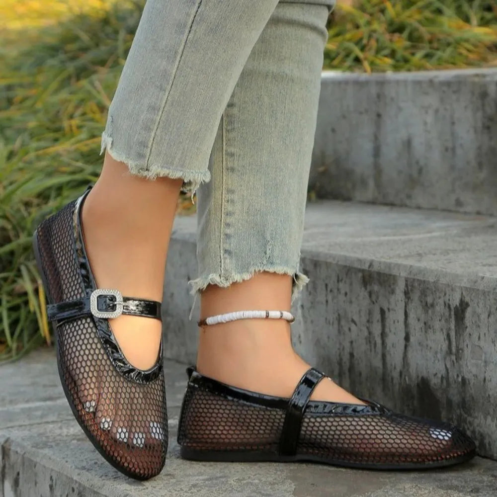 Women's breathable mesh flat summer sandals with round toes from Plush Fashion Hub, featuring comfortable open-toe design