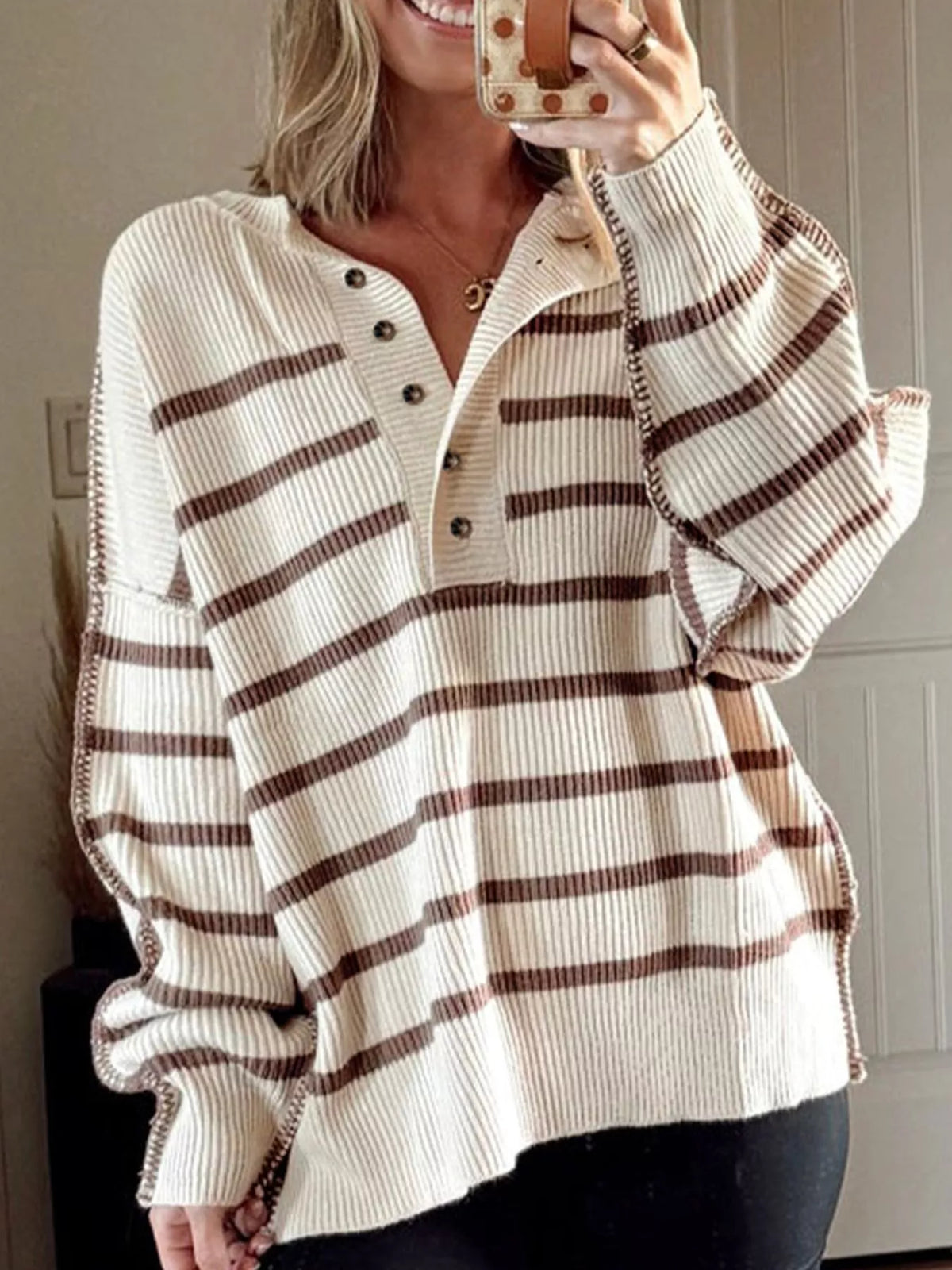 Stripe ribbed Henley drop shoulder slouchy sweater by Simply Love, featuring a relaxed fit and cozy knit texture.