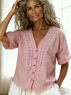Women's loose-fit faux linen embroidered button-up top from FitiqueFit, featuring casual style and delicate embroidery details.