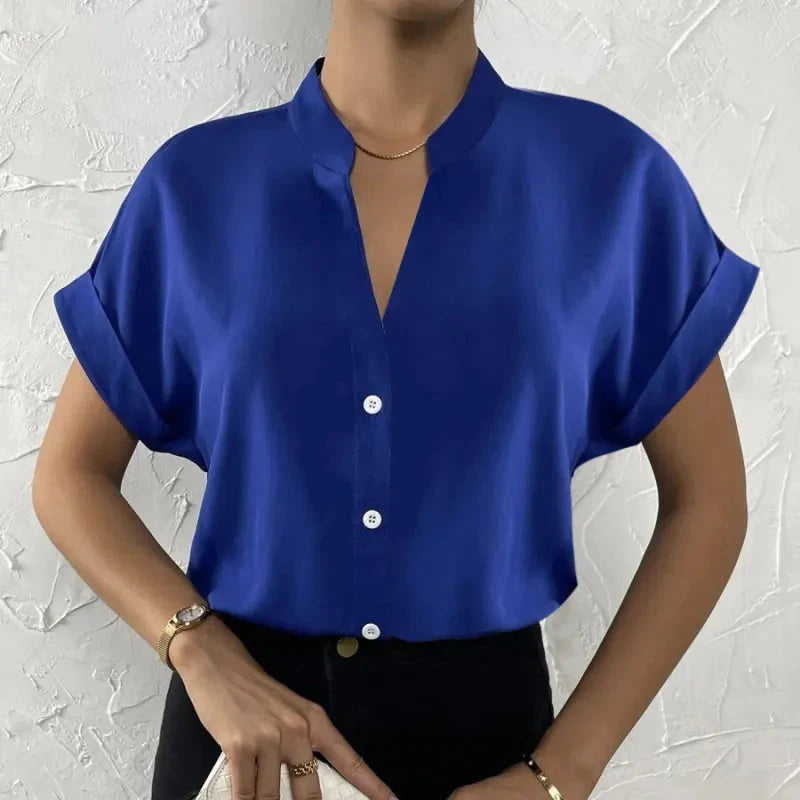 Plush Fashion Hub women's satin V-neck short sleeve shirt in warm orange, perfect for casual summer wear.