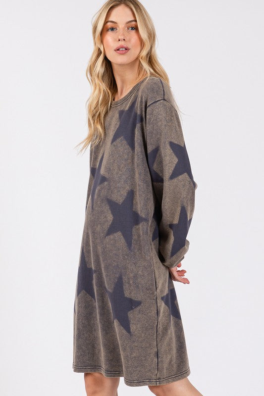 Women's Washed Star Print Round Neck Dress