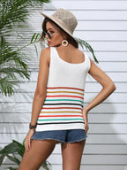 Striped V-neck knit tank top from Trendsi featuring a fitted design and lightweight fabric in a stylish striped pattern.