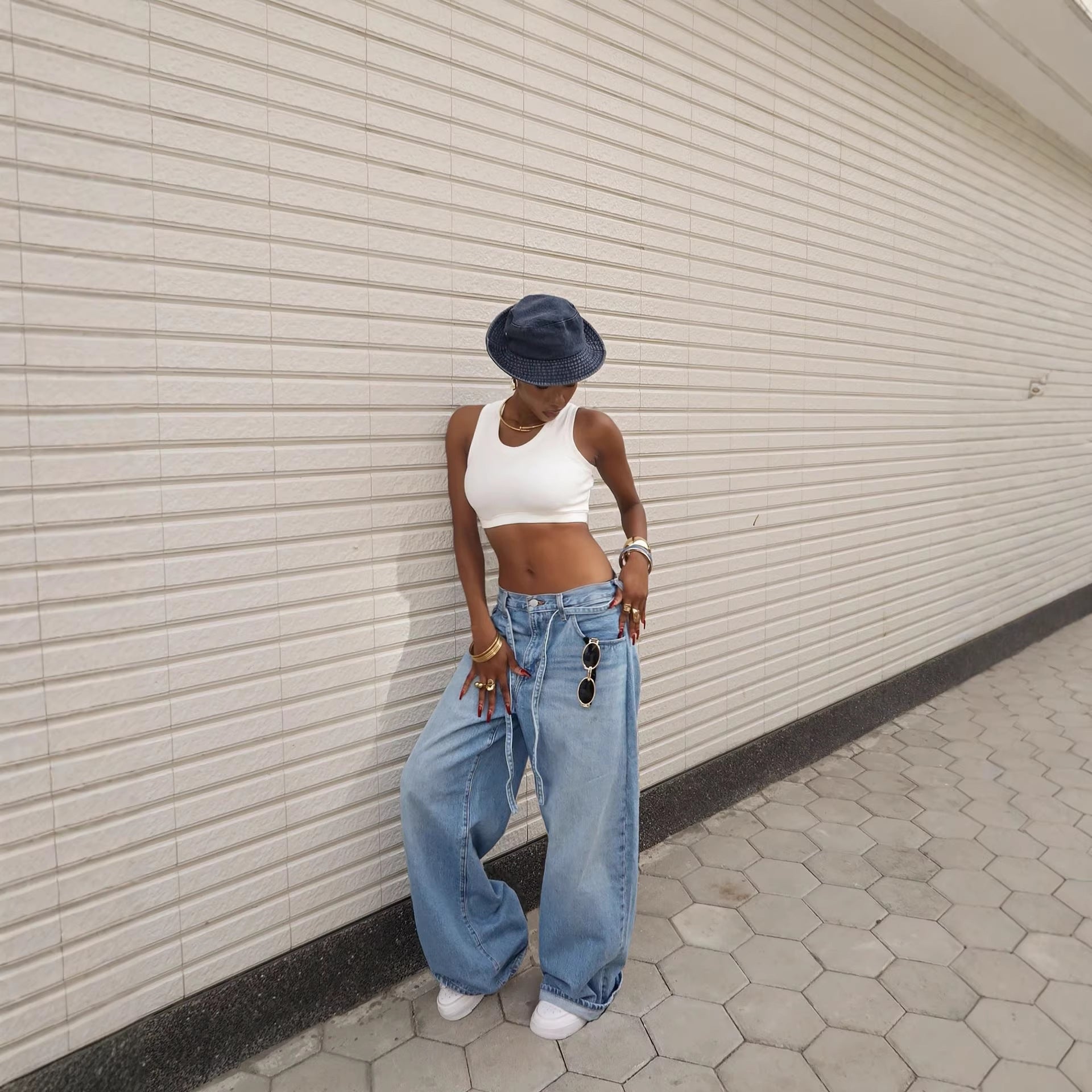 Washed Denim High-Waisted Straight-Leg Tied Pants