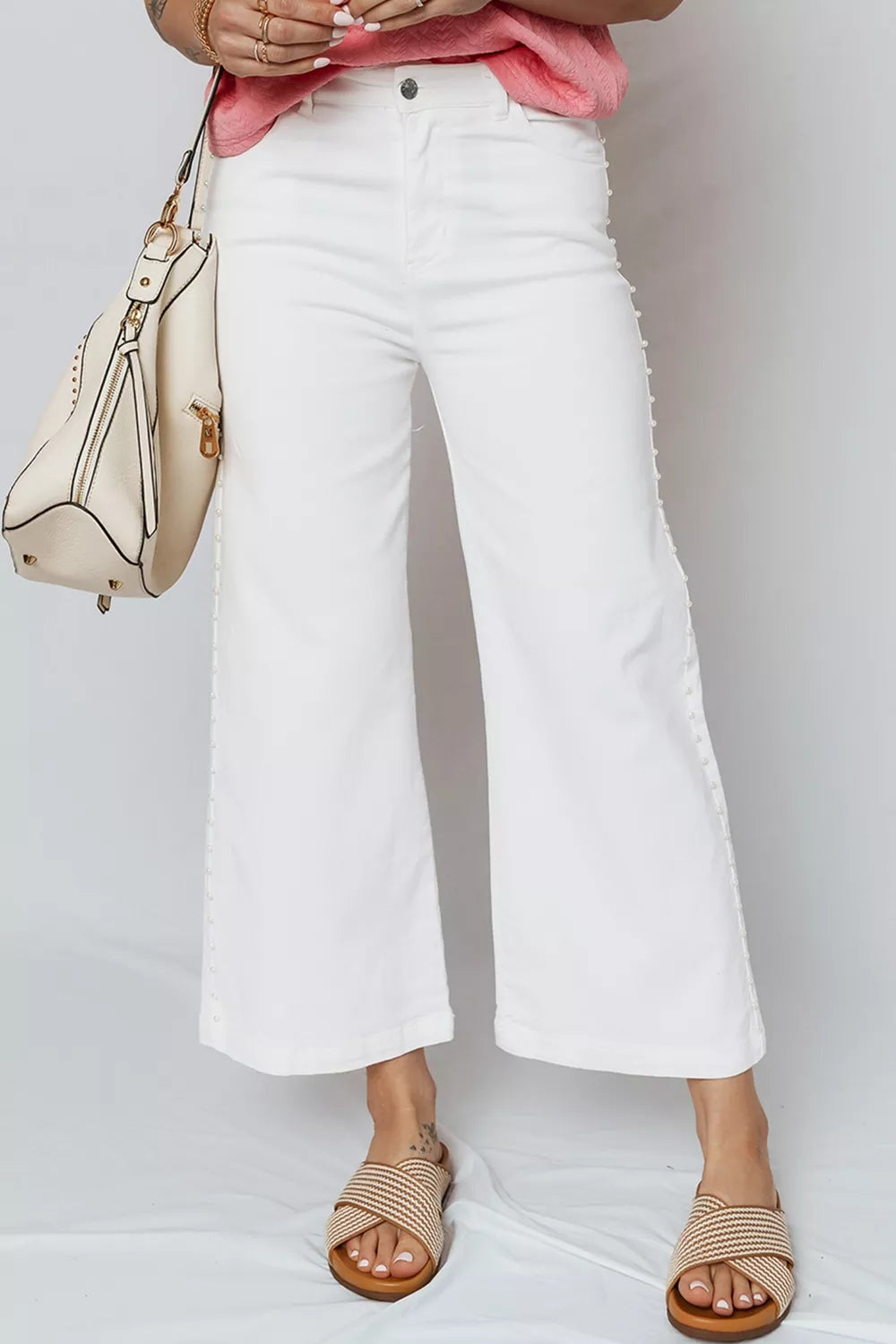 Pearl-embellished side seam ankle-length shift jeans by Plush Fashion Hub, showcasing stylish denim with pearl details on the sides.