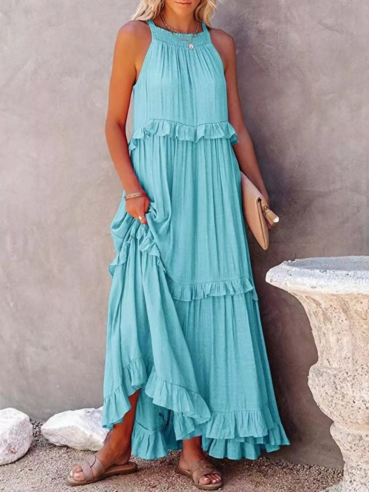 Plush Fashion Hub ruffled tiered sleeveless maxi dress with flowing fabric and layered design, perfect for summer or casual wear.