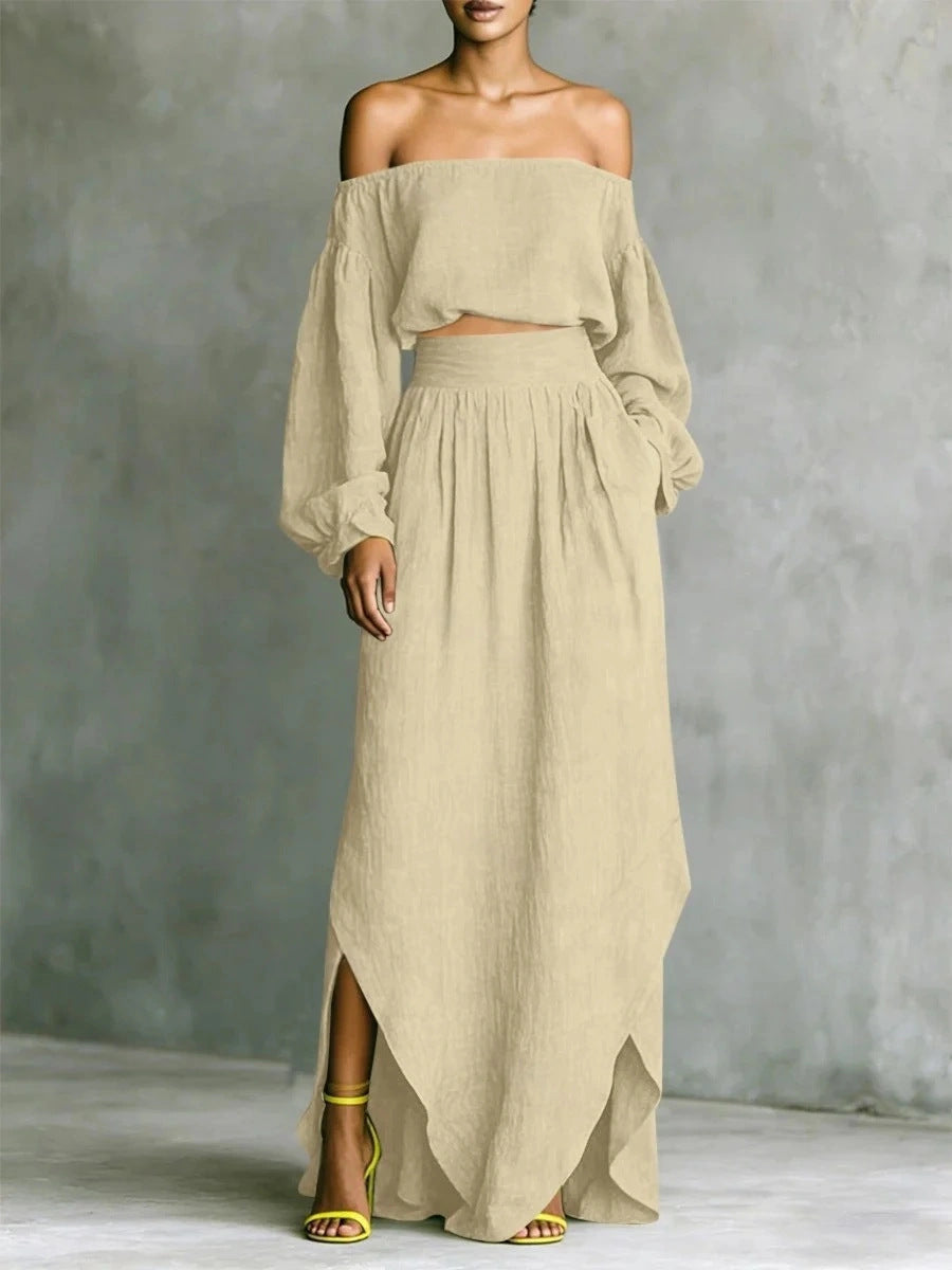 Women's off-shoulder casual top and asymmetrical maxi skirt set by FitiqueFit, featuring a stylish, relaxed 2-piece outfit.