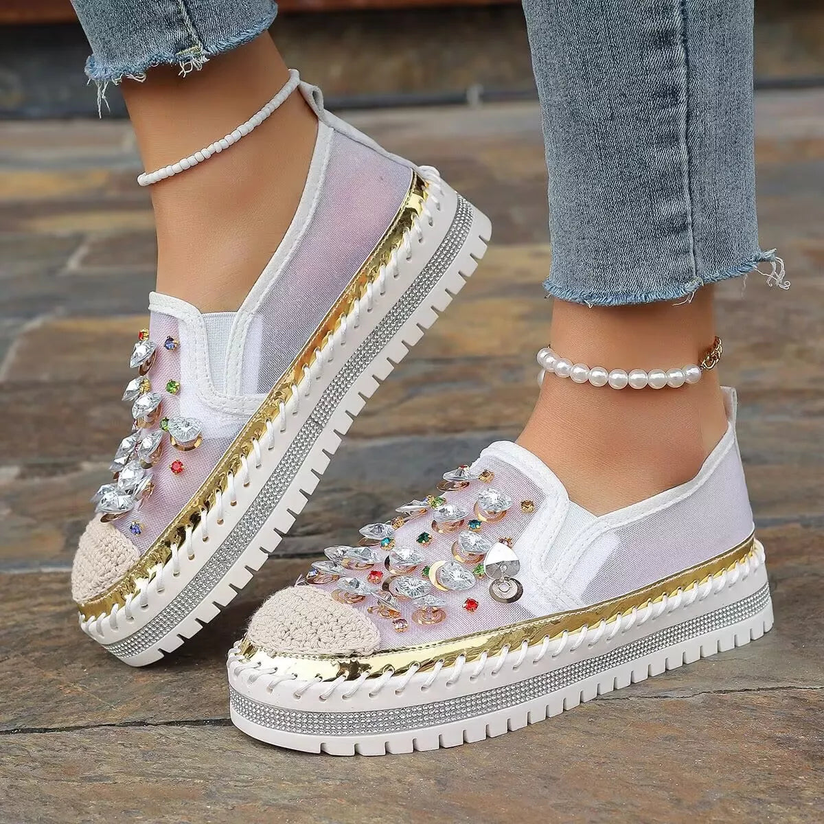 Rhinestone decor platform loafers from Trendsi, stylish footwear with sparkling rhinestone accents and a chunky platform sole.