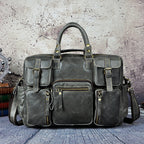 Pi-Mart men's first layer cowhide 16-inch large-capacity briefcase with sturdy handles and multiple compartments.