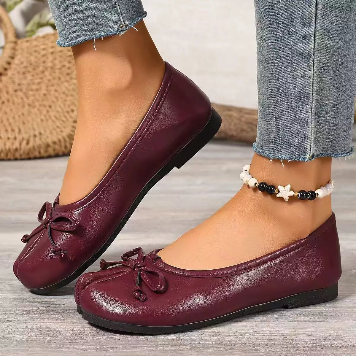 Plush Fashion Hub bow decor split toe slip-on shoes featuring a stylish design and comfortable fit.