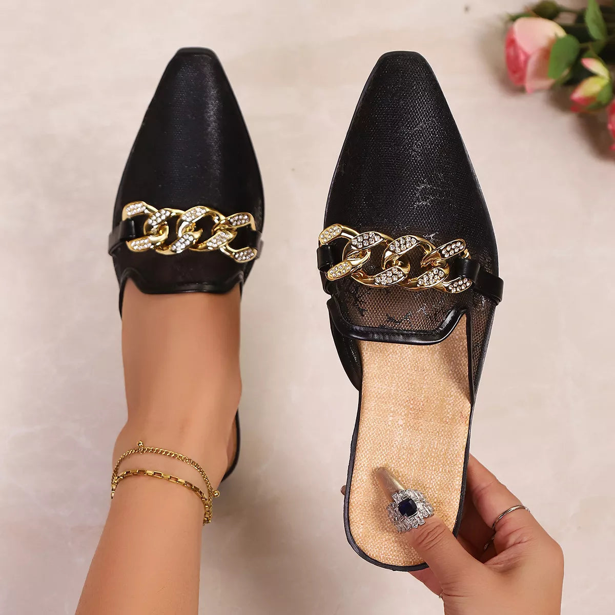 Point toe chain detail sandals by Plush Fashion Hub featuring sleek straps and chain accents, perfect for stylish summer footwear.
