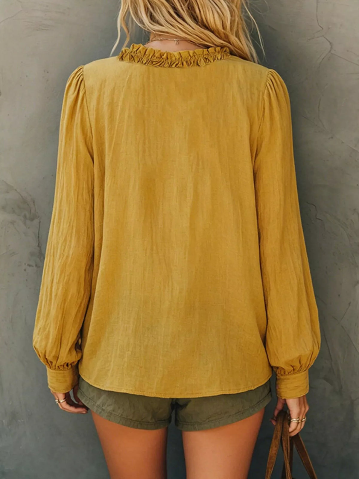Plush Fashion Hub frill V-neck long sleeve blouse with ruffled details, stylish shirt perfect for casual or dressy occasions.