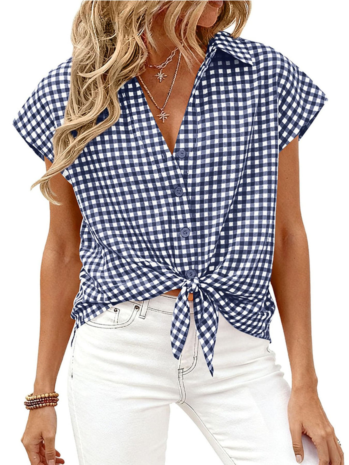 Women's classic gingham print button-down shirt with tie detail, stylish and casual from Plush Fashion Hub.