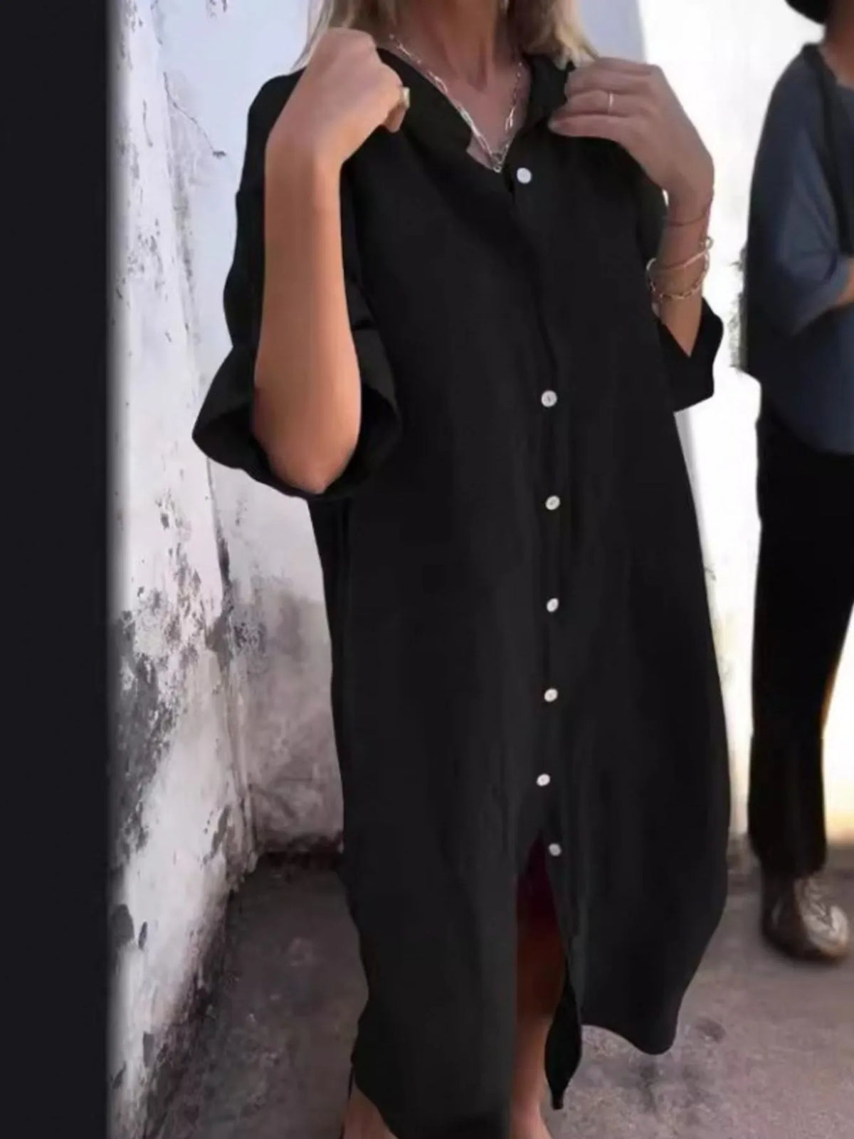 Plus size linen button-down shirt dress by Trendsi, casual full-size dress with collar, long sleeves, and front buttons.