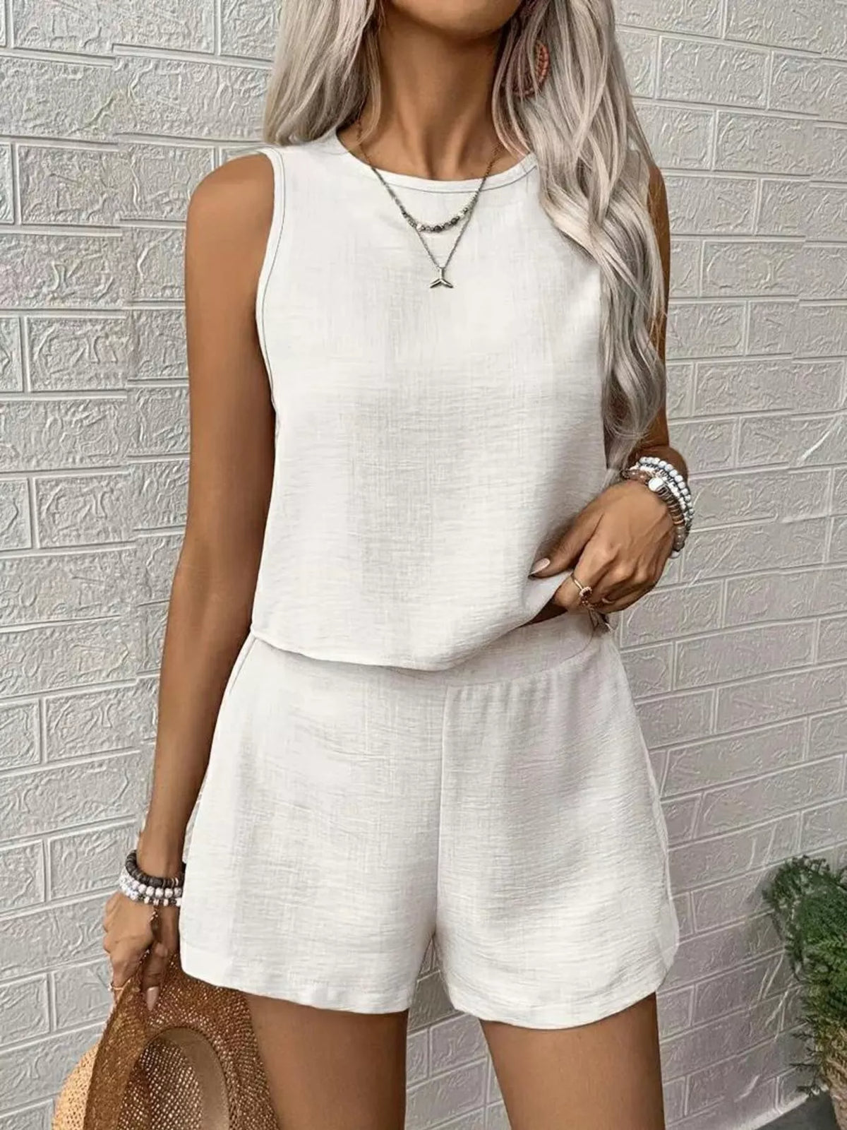 Plush Fashion Hub round neck tank top and matching shorts set, lightweight casual clothing for women, front view.