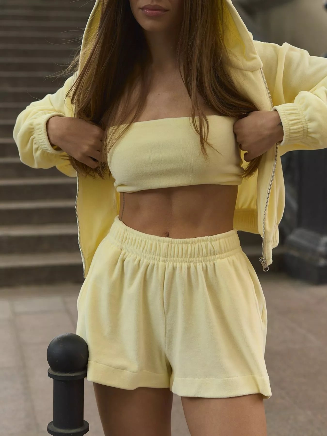 Plush Fashion Hub zip-up cropped hoodie and shorts set, casual shirts with front zipper and comfortable fit, in a coordinated loungewear style.