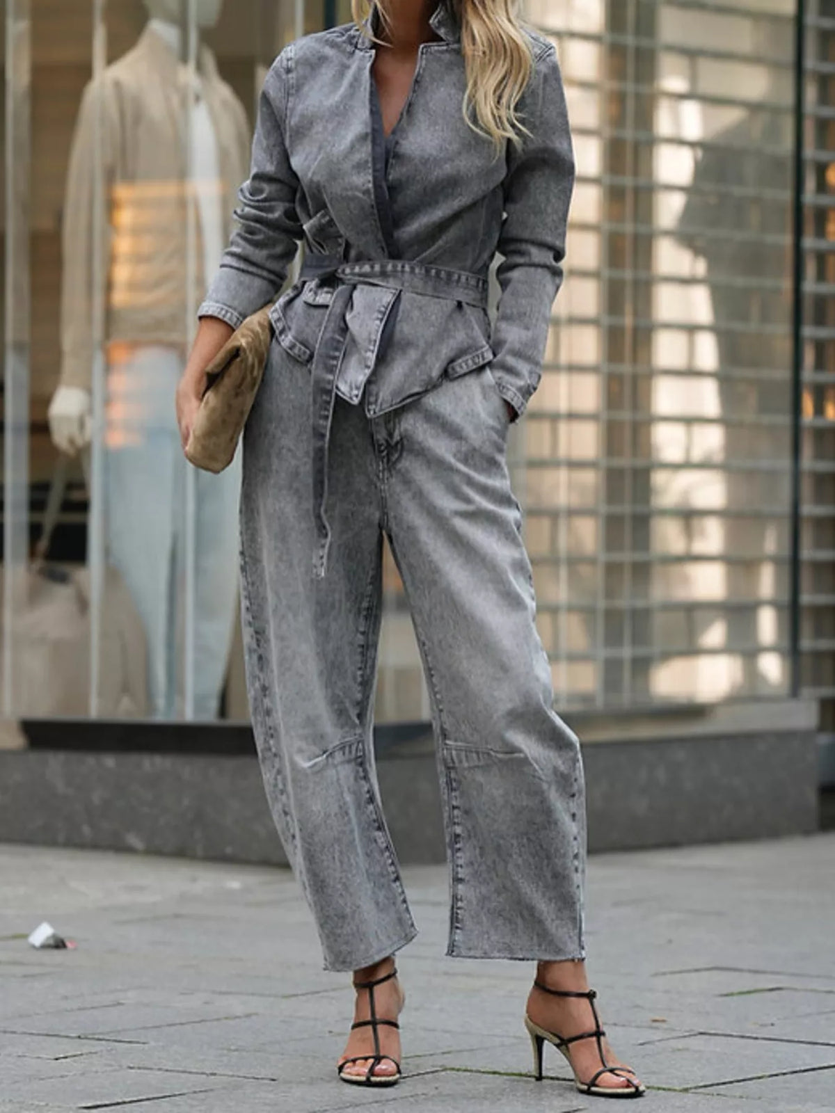 Plush Fashion Hub long sleeve top and wide leg denim jean set, casual stylish outfit for women, front view.