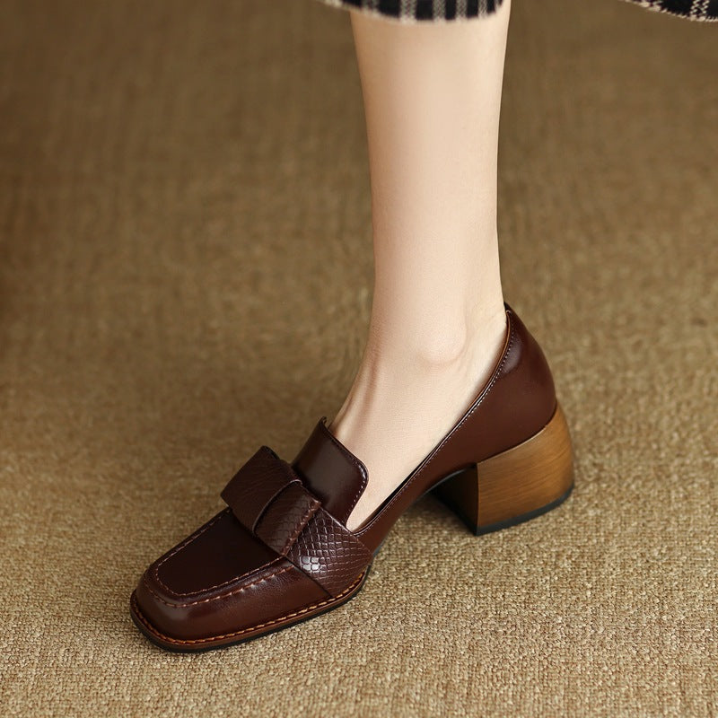 Women's plush fashion hub cowhide square toe chunky heel pumps with floral detail, ideal for commuting and stylish wear.