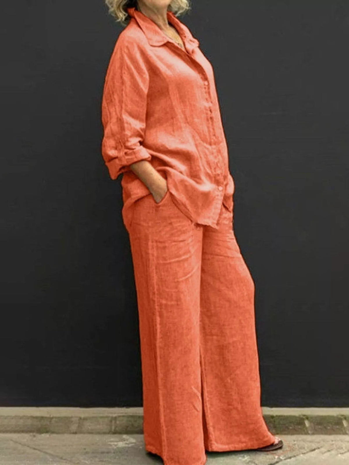 Plus size loungewear set with long sleeve shirt and pants from Plush Fashion Hub, featuring comfortable, stylish casual wear.