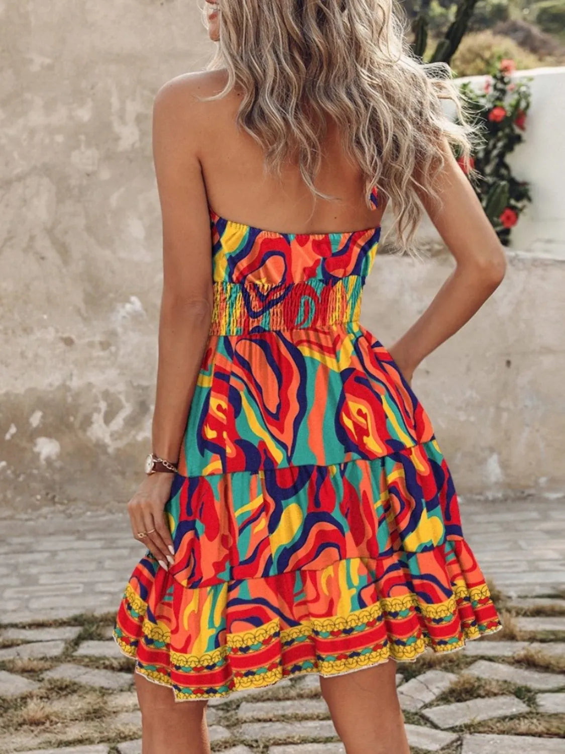 Plush Fashion Hub paisley print halter neck mini dress featuring a fitted bodice and flowing skirt, perfect for summer outings.
