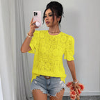 Women's hollow-out lace puff-sleeve shirt top in loose fit, casualwear by Plush Fashion Hub, featuring intricate lace details and puffed sleeves.