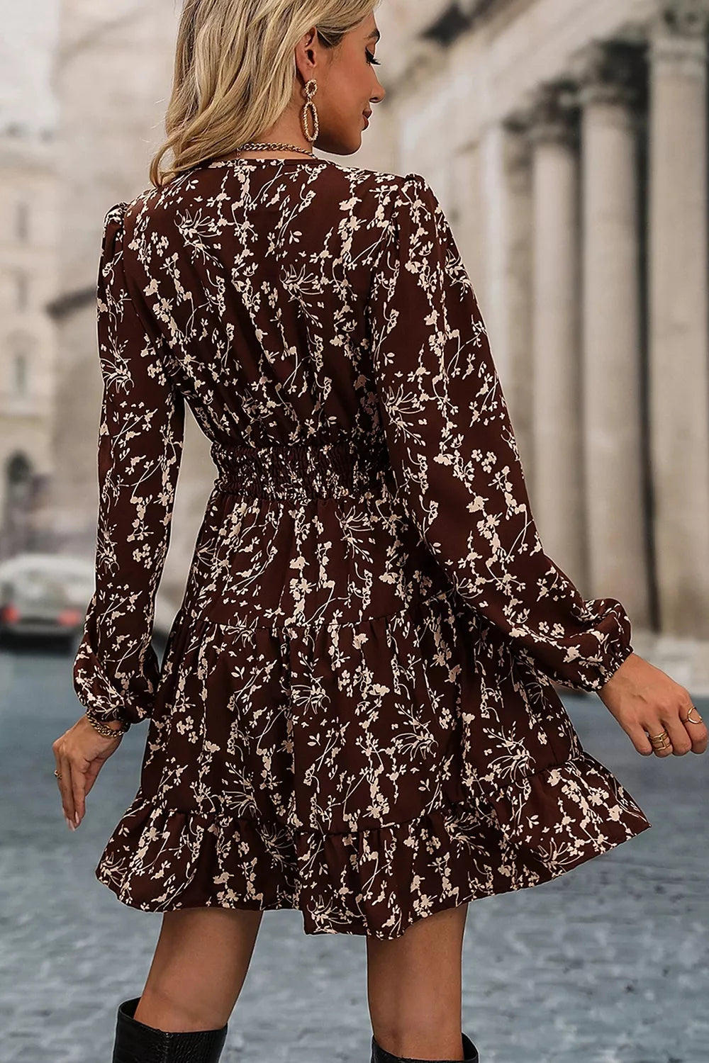 Plush Fashion Hub mini dress with ditsy floral print, split neck, long sleeves, shirred waist, and flared hem.