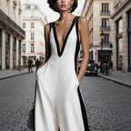 Women's color-block sleeveless V-neck wide-leg jumpsuit by Plush Fashion Hub, featuring long casual pants in a French style.