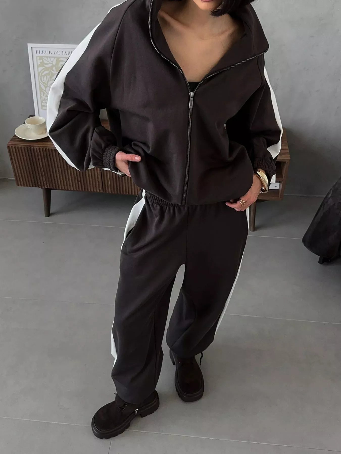 Trendsi zip-up long sleeve outerwear and matching pants tracksuit, casual athletic wear, black with zipper detail, front pockets.