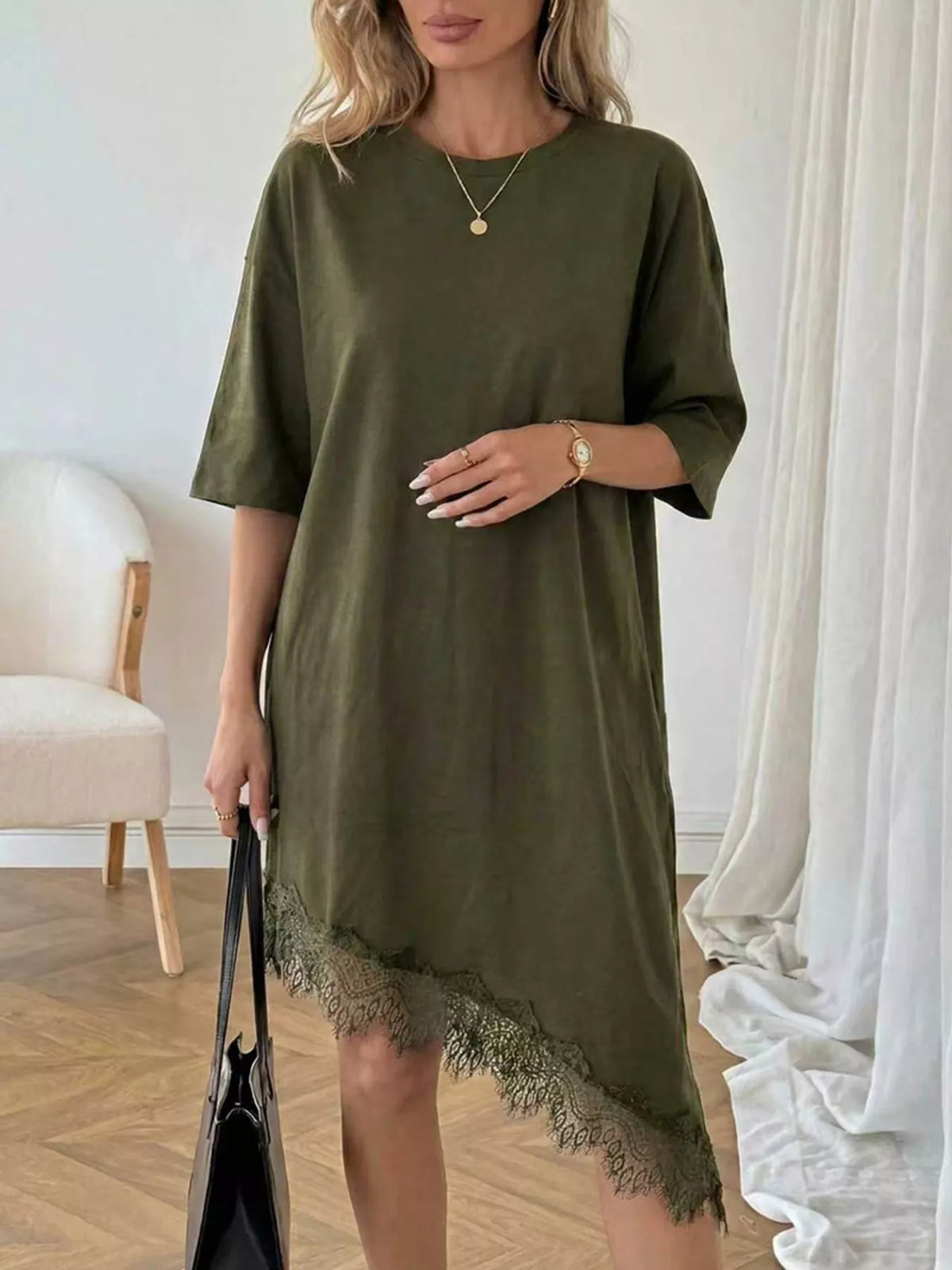 Plush Fashion Hub lace trim asymmetrical hem T-shirt dress, casual shirt dress with stylish details and comfortable fit.