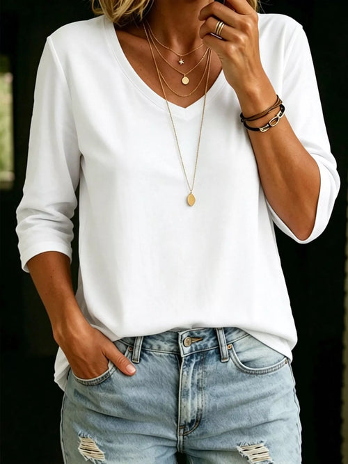 Plus size V-neck 3/4 sleeve T-shirt from Trendsi, casual tops in full size with comfortable fit and soft fabric.