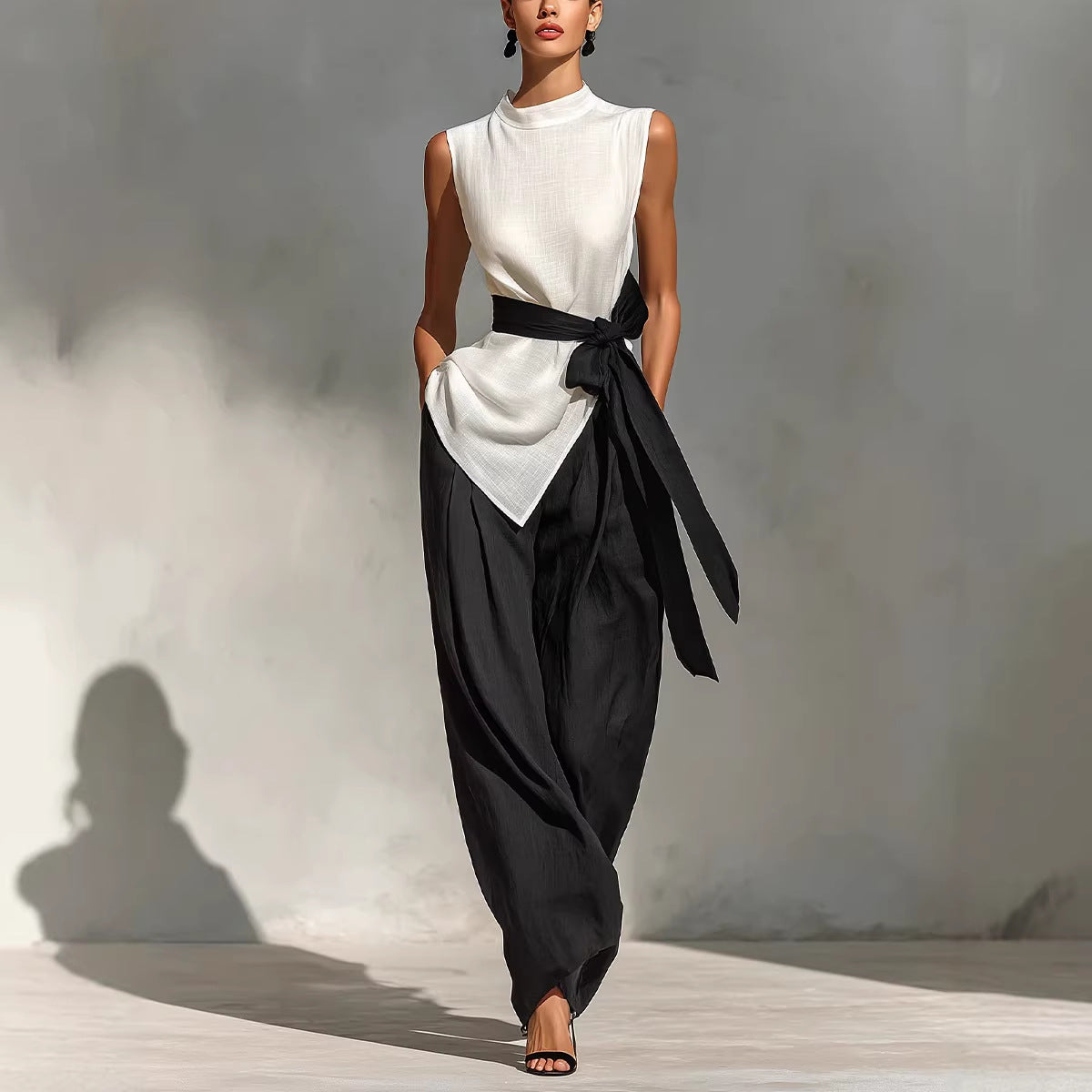 White women's lace-up sleeveless top and wide-leg pants two-piece casualwear set by FitiqueFit, shown on a model.